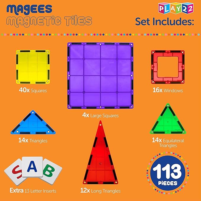 Magnetic Tiles Building Blocks - 113pcs Advanced Set - STEM Toys for 3+ Year Old Boys and Girls -Strongest Magnets - Includes 13 Piece Insert Alphabet Cards - Learning by Playing