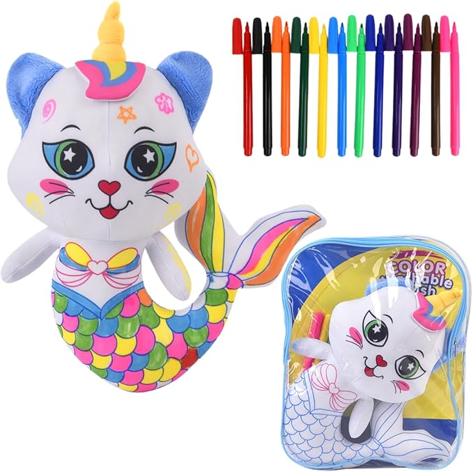 Coloring Plush Toy with 12 Washable Markers for Little Girls Doodle Dolls Arts and Crafts Soft DIY Washable Doodle Stuffed Animal Toy for Kids Ages 4-6 Birthday (Fish Cat)