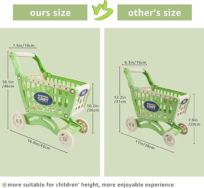 deAO Kids Shopping Cart Trolley for Groceries Toddlers 65 Food Fruit Vegetables Pretend Play Food Role Play Educational Toy Play Kitchen Toys Store Playset (Green)