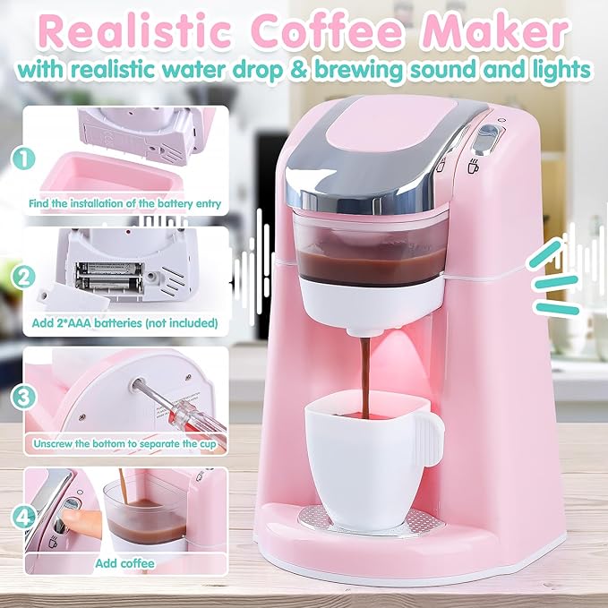 Play Kitchen Appliances Toys - Kids Kitchen Playset Accessories, Pretend Play Toy Sets with Coffee Maker, Mixer, Toaster with Realistic Lights & Sounds, Gifts for Toddler Girls Ages 2 3 4 5 6 7