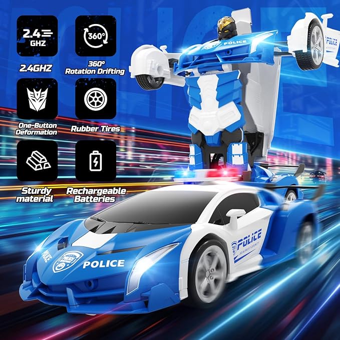 DEERC Transform Remote Control Car,2.4GHz Robot RC Cars,1:18 Scale Police Car Toy One-Button Deformation & 360° Rotating Drifting for Kids Boys Age 4-7 8-12 Birthday Xmas Gift
