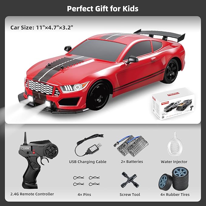 RC Drift Car 2.4GHz 1:16 Scale 4WD High Speed Remote Control Cars Vehicle with LED Lights Two Batteries and Drifting Tires Racing Sport Toy Cars for Adults Boys Girls Kids