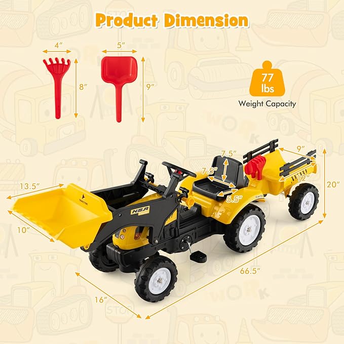 Olakids Kids Ride on Excavator, Pedal Digger Car Bulldozer with Manual Control Bucket, Detachable Cargo Trailer, Shovel, Rake, 6 Wheels, Horn, Construction Tractor for Toddlers 3+