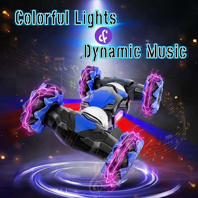 Gesture Sensing RC Stunt Car with Lights Music Hand Controlled Remote Control Car 4WD 2.4GHz Off-Road 360° Double Sided Rotation Stunt Car Birthday Gift Idea for Boys Girls (Blule)