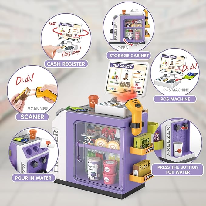 46PCS Cash Register Playset for Kids Pretend Play Coffee Machine with Water Outlet Function, Mini Supermarket Grocery Store with Money, Scanner,Play Foods, Gift for Boys and Girls (Purple)