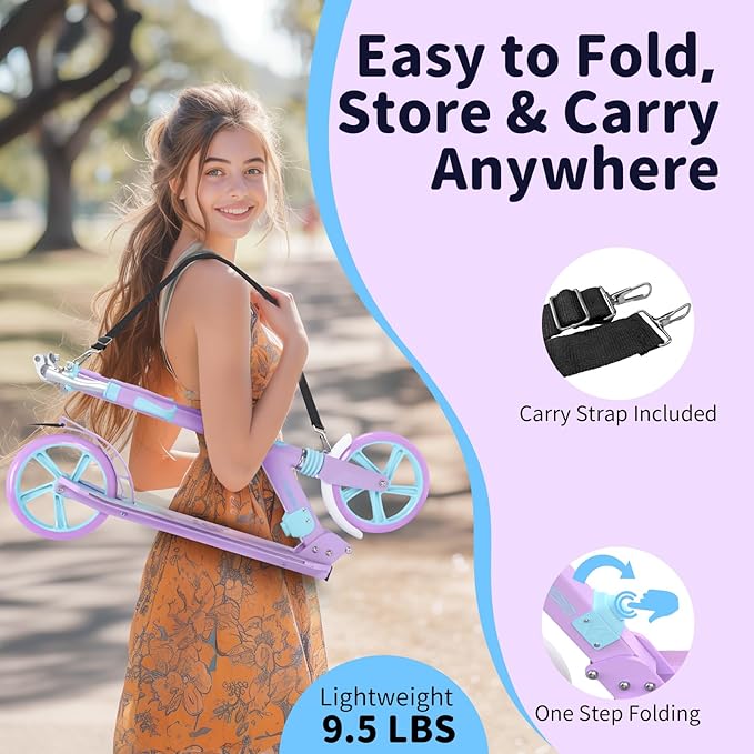 BELEEV V8 Scooters for Kids Ages 6+ with Light-Up Deck, 2 Wheel Folding Scooter for Adults Teens, 4 Adjustable Height, Lightweight Sport Commuter Scooter, Sturdy Frame, Max Load 220 lbs