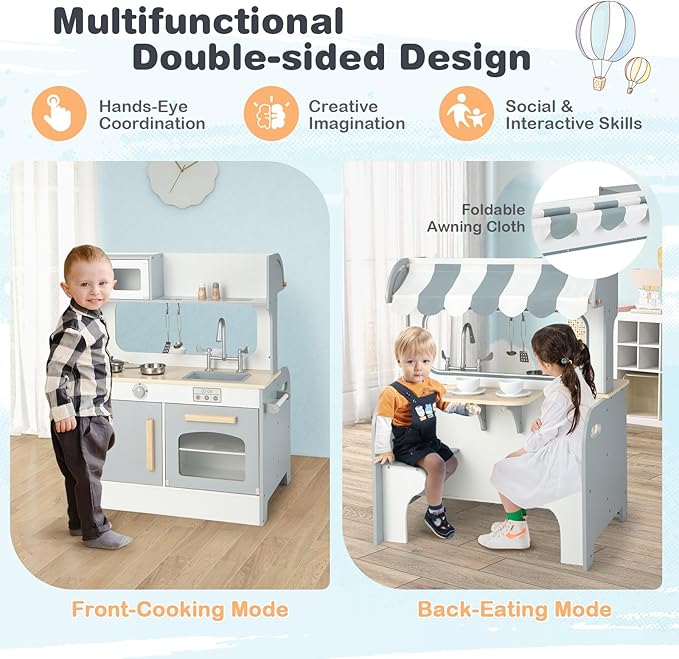HONEY JOY Kids Kitchen Playset, Double Side Little Chef Play Kitchen for Toddler & Restaurant, Cookware, Microwave, Sink, Storage Cabinet, Wooden Pretend Play Toy Kitchen Set, Gift for Boy Girl, Gray