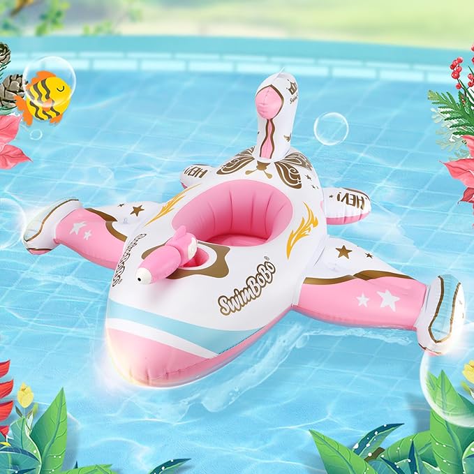 Swimbobo Toddler Pool Float Pink Inflatable Airplane Car Baby Swim Float with Water Gun and Safety Seat Pool Toys for Kids 3+ Years Old
