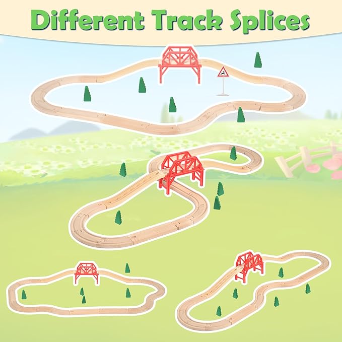 Wdmiya Wooden Train Set for Toddlers, 38 Pcs Wooden Train Track for Kids, Train Toy with Bridge and Tracks (Fits Thomas & Brio), Christmas Birthday Trains Gift for 2 3 4 5 6 7 8 Years Old (Pinwheel)