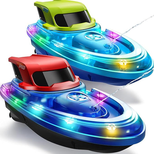 SYMA 2 Pack RC Boats for Kids 8-12, Remote Control Racing Boat Set for Pool with LED Lights,40 Mins Playtime(2 Batteries) and One-Key Water Spay, Summer Gifts Toys for Boys and Girls