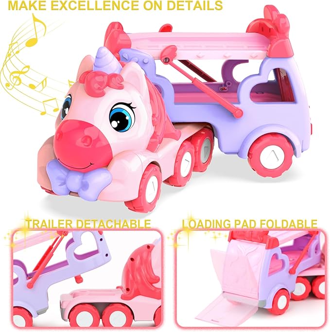 Toys for 3 Year Old Girl, 5-in-1 Unicorn Toys Carrier Truck Toy Cars with Light & Sound,Girl Toddler Toys Age 3-5, 3 4 5 Year Old Girl Birthday Gifts Kids Toys for Girls…