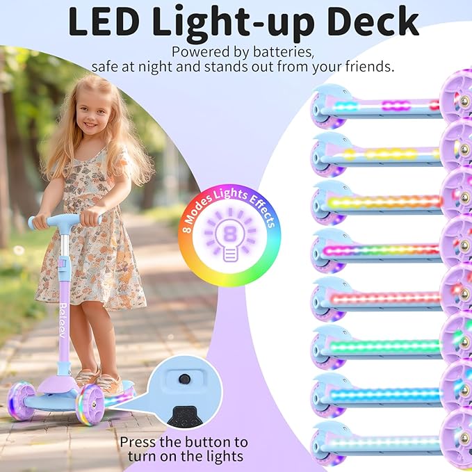 BELEEV A9 Kids Scooter with LED Light-Up Wheels & Deck, 3 Wheel Folding Scooter for Toddlers Girls Boys Ages 3-12, Adjustable Handlebar, Lean to Steer, Extra-Wide Wheels, Kick Scooter for Children
