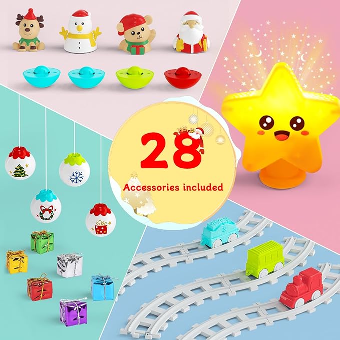 My First Christmas Tree for Toddlers, Musical Light Up Montessori Decor Toy with Ornaments, Mini Train Set, Roly Poly Toys, Finger Puppets, Birthday Xmas Gifts for Little Kids Boys and Girls