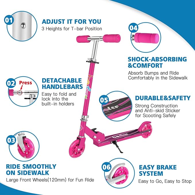 BELEEV V1 Scooters for Kids, 2 Wheel Folding Kick Scooter for Girls Boys, 3 Adjustable Height, Light Up Wheels, Lightweight Scooter with Sturdy Frame, Kickstand for Children 3 to 12 Years Old