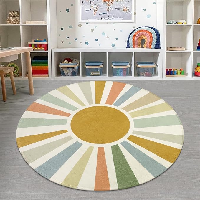 STARUIA Boho Sun Round Area Rug for Living Room, 6 Ft Washable Nursery Rug for Playroom, Colorful Circle Rugs for Kids Bedroom, Non-Slip Circluar Carpet Soft Large Kid Rug for Classroom Dorm