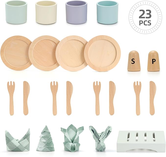 Wooden Toy Dish Set Toddler Plates and Cutlery Set Children's Kitchens Accessories Kids Role Play Food Gift for Girls and Boys