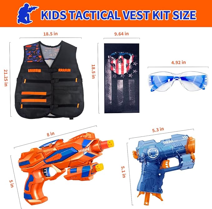 Tactical Vest Kit for Kids, Compatible with Nerf – Includes Vest, 2 Pack Toy Guns, 30 Foam Darts, Goggles, Wristbands, Skull Mask – Great Birthday Gift for Boys and Girls