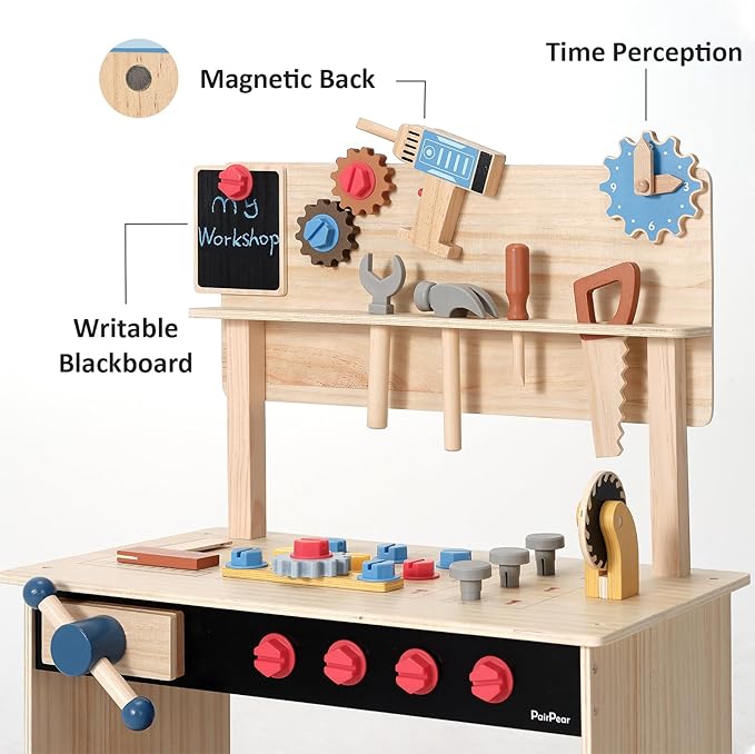 PairPear Wooden Kids Tool Bench, Toddler Workbench with 71 PCS Tool Set, Wooden Toy Play Worshop Toolbox with Drill, Hammer, and Construction Tools, Kids Gift for Boys & Girls 3+ Years Old