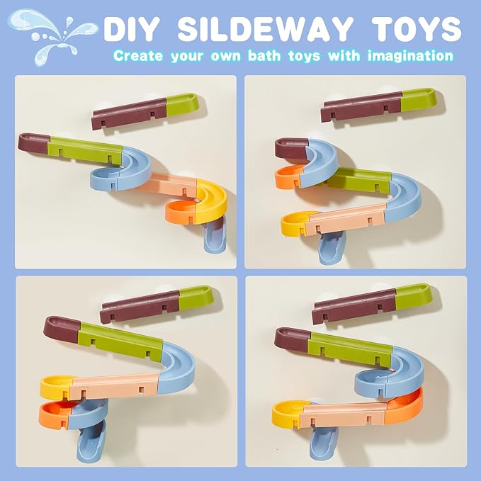 Interactive Bathtub Slide Set Toddler Bath Toys, Bathtub Slide Toy for Kids Ages 4-8, Wall Track Building Set 3+ Year Old, Fun DIY Kit Bathtub Time Birthday Gift for Toddler Boys & Girls