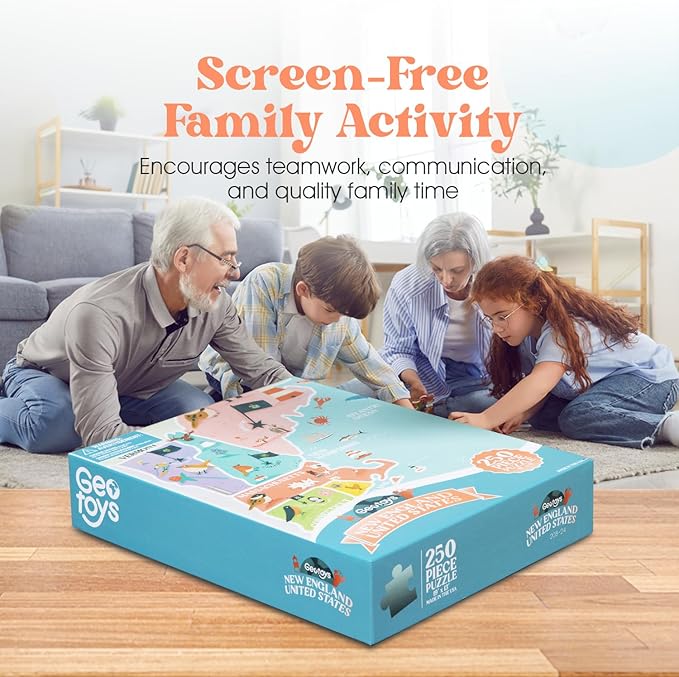 Geotoys New England Region Jigsaw Puzzle - 250 Piece Puzzle for Kids - Jigsaw Puzzles for Kids Ages 8-12 Years Old - Geography Puzzles with Colorful Landmarks, United States Flag and More