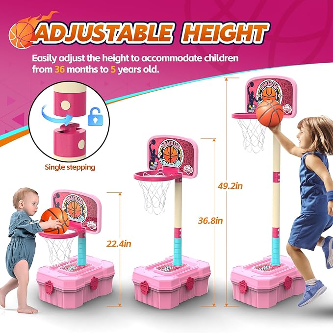 Kids Basketball Hoop and T-Ball Set for Kids 3-5, 3 Adjustable Toddler Basketball Hoop Indoor Outdoor Kids Toys Birthday Gift for Boys Girls
