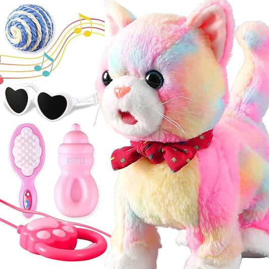 Colorful Leash Walking Cat Set Toy Interactive Talking Cat Singing Dancing Kitten Mimicking Repeat What You Say Kitty Touch and Voice Control Nodding Wagging Tail Plush Electric Robot for Kid Girl
