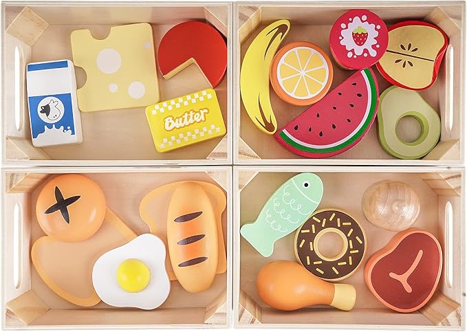 Food Groups - Wooden Play Food Sets, Pretend Play Kitchen Toys, Toy Food Accessories for Toddlers 1-3, Wood Play Fake Food for 1 2 3 Year Old Boys Girls Birthday Gift
