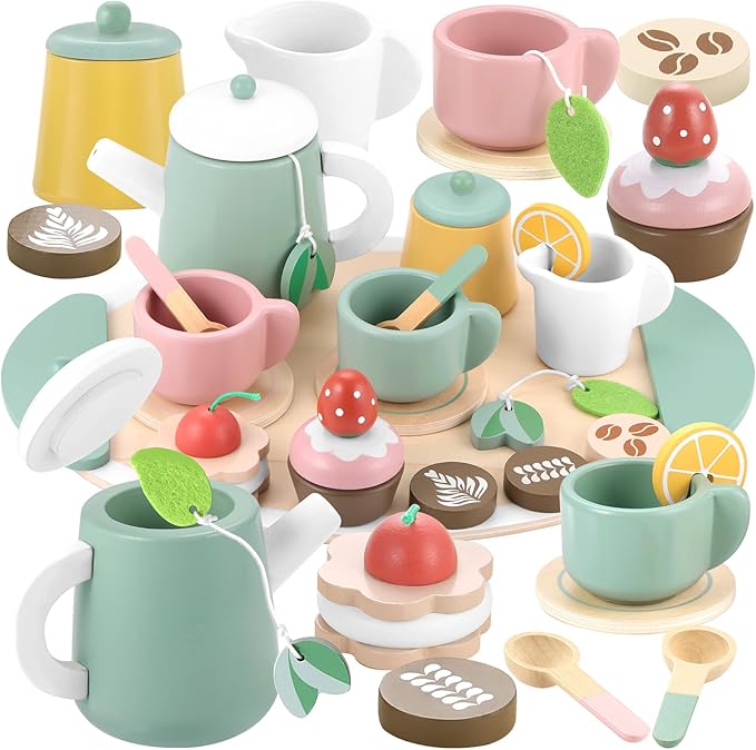 GAGAKU Wooden Tea Set for Kids, Wood Tea Party Set for Little Girls Wooden Coffee Afternoon Tea Toys Play Food forToddler Pretend Play Kitchen Accessories for Kids