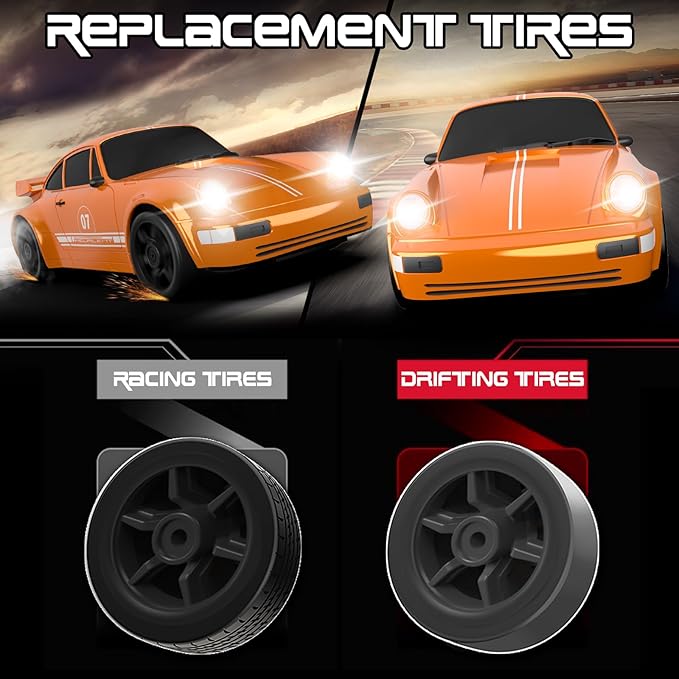 Remote Control Car, 1/24 Scale RC Drift Car, 4WD 15KM/H High Speed RC Cars, Racing Sport Toy Car with LED Lights, Racing Tire, Birthday for Kids Boys Girls, Rechargeable Battery