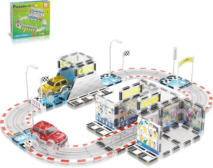 PicassoTiles Magnet Tile Race Car Track Construction Toy Blocks with 2 Trucks Accessory Street Sign Add-on Kit Magnetic Building Tiles Stadium Seat Playset STEAM Fine Motor Learning Kids Age 3+ PTQ05