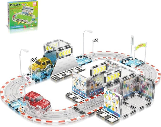 PicassoTiles Magnet Tile Race Car Track Construction Toy Blocks with 2 Trucks Accessory Street Sign Add-on Kit Magnetic Building Tiles Stadium Seat Playset STEAM Fine Motor Learning Kids Age 3+ PTQ05