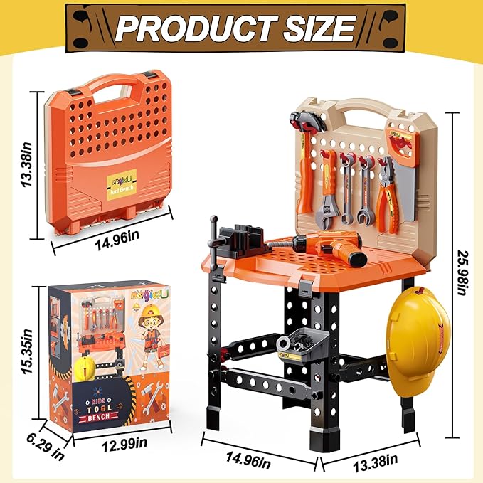 Kids Tool Bench Set,MAGIC4U 95PCS Toddler Tool Workbench with Electronic Drill 13 Tool Equipements,Safety Vest & Hat,Pretend Play Kids Construction Toys Gift for Boys Girls Age 3,4,5,6,7,8