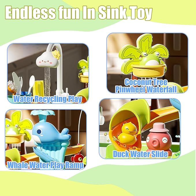 Kids Play Sink with Running Water & Electric Faucet, 4-in-1 Kitchen Sink Toy with Fishing Game, Pretend Play Kitchen Toy Accessories, Role Play Dishwasher Toys for Toddlers Boys Girls Blue