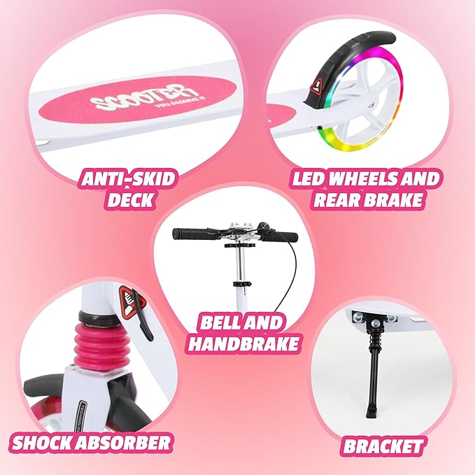 Scooter for Kids Ages 8+ Teens & Adults, Lightweight Kick Scooter with Carry Strap Adjustable Height Equipped with Front handbrake and Rear Brake, Big Sturdy PU Flash Wheels Great Gift & Toy