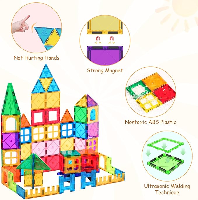 LATI 130 pcs Magnetic Tiles, Magnet Building Blocks for Kids STEM Construction Set Clear Imagination Inspirational Educational Toddler Boys Girls Kids Toys for 3 4 5 6 7 8 Years with 2 Cars