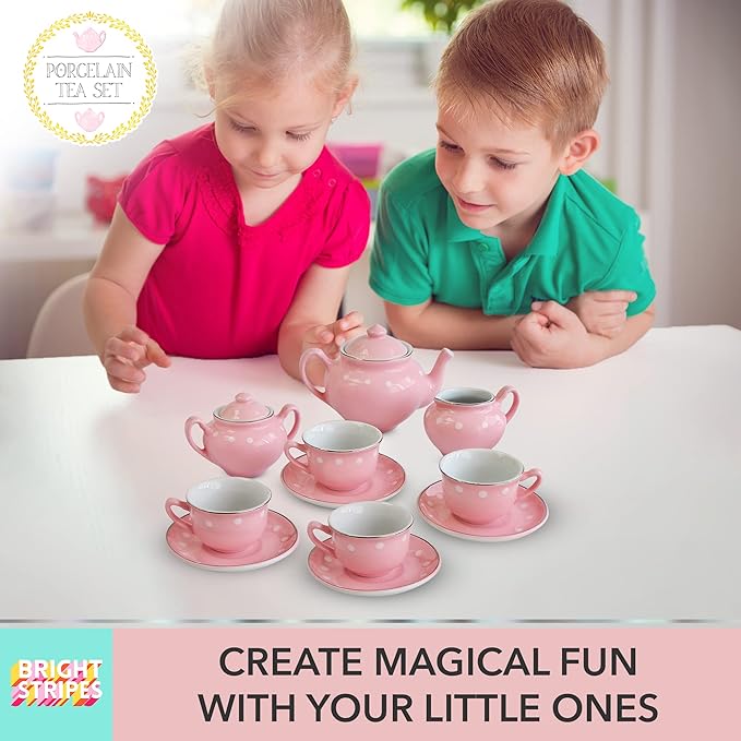 Bright Stripes Porcelain Tea Set for Kids - Premium Quality Pretend Play Set - 4 Tea Cups, 4 Saucers, Tea Pot, Sugar Pot, Creamer - Ideal Kids Tea Sets for Girls