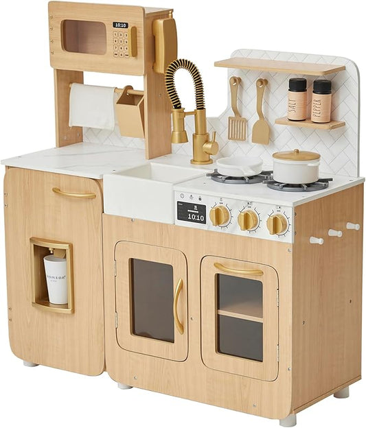 Teamson Kids Little Chef Cyprus Wooden Play Kitchen Set – Pretend Toy Kitchen for Toddlers & Kids Ages 3+ with Ice Maker, Storage & Accessories – Play Kitchen for Kids, Light Oak & White Faux Marble