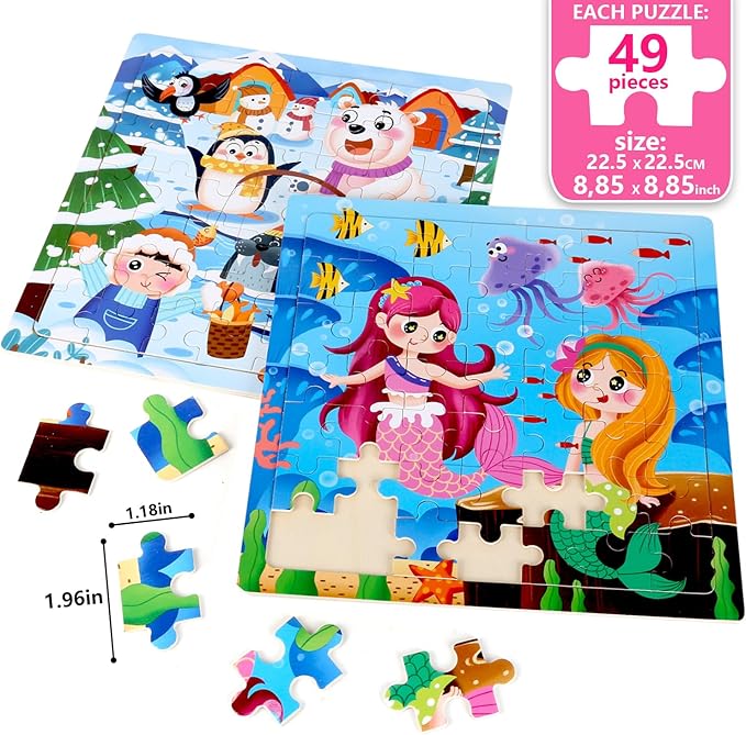 4SET Puzzles for Kids Ages 4-6 - 48 Pcs Wooden Realistic Montessori Toddler Puzzles Ages 3-5 - Princess Mermaid Insect Learning Games for Boys and Girls 4-8 Year Olds
