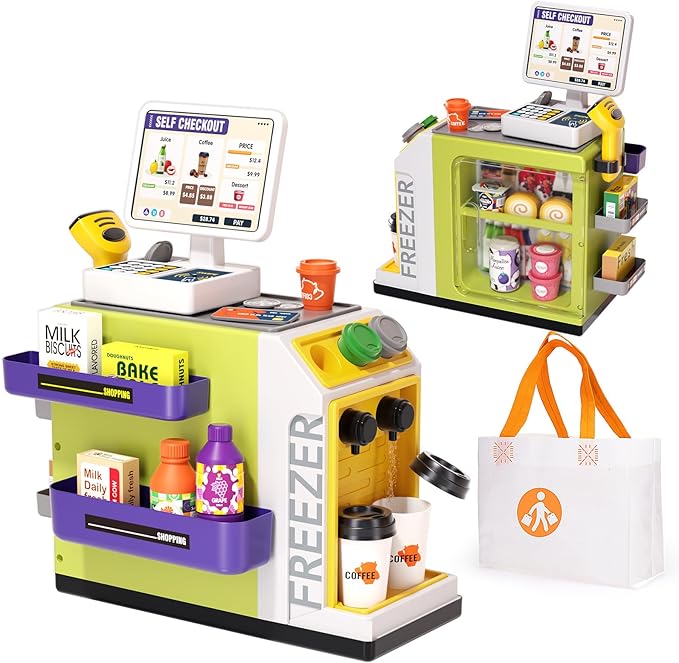 48-Piece Pretend Play Cash Register Toy Set with Water Outlet Function - Calculator, Shopping Bag, Scanners, Credit Cards, Coffee Machine, Play Food - Gift for Boys and Girls Ages 3+ (Green)