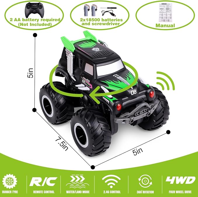 Amphibious Remote Control Cars, 1/20 Stunt RC Rock Crawler Monster Truck Toy with Two Alternative Rechargeable Batteries, All-Terrain 4WD Off-Road Vehicle Toys Gift for Kids Age 8-12 Green