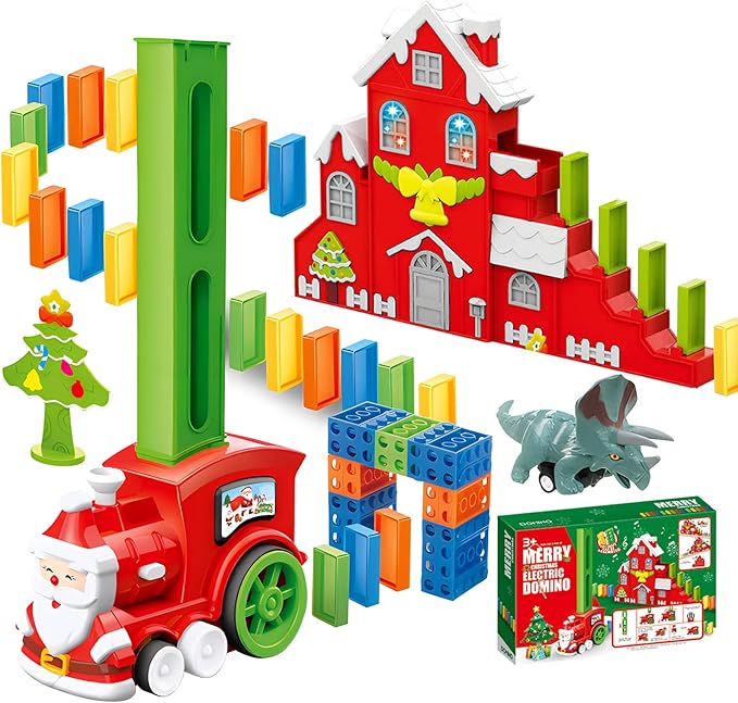 B-Qtech Domino Train Toy Set for Kids Christmas House, Automatic Electric Domino Train Dominoes Blocks Stacking Toys Creative Games New Year Gifts for Kids Boys Grils Ages 3-5 5-8