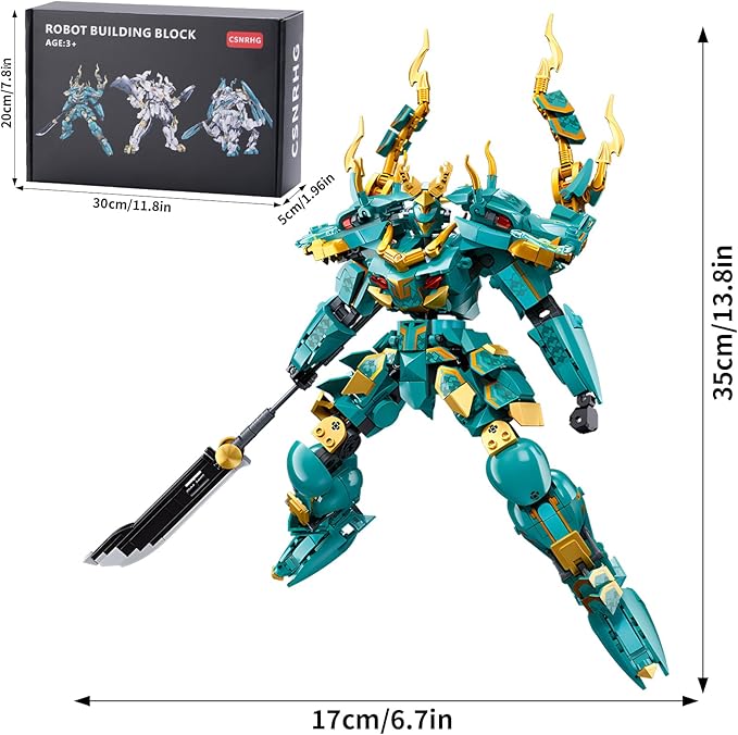 Green Dargon Samurai mech Robot with Long Spear Model Building Blocks Toy Set Mythical Birthday for Age 8+ Children Adults Teens 704 Pieces