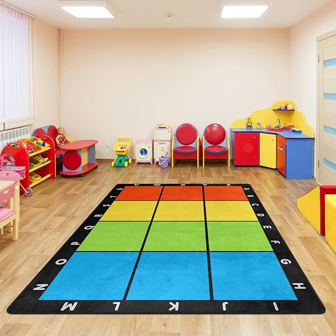 Classroom Carpets Playmat Rugs - 5x7 Ft Kids Rug with Rubber Backing, Colorful Squares with Letters Classroom Seating Rug Play Mat Nursery Rugs for Preschool Elementary Playroom -12 Seating