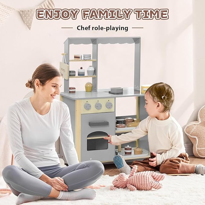 Wooden Play Kitchen Set for Kids, Kids Kitchen Playset Chef Pretend Cooking Set for Toddlers, Children Toys Kitchen with 28 Pcs Toy Bread & Bakeware Accessories