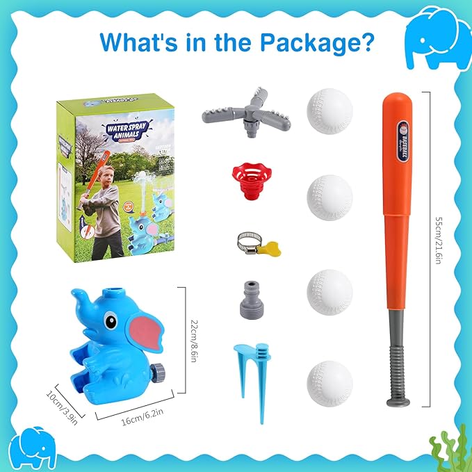 MoKo Water Sprinkler Baseball Toy for Kids Outdoor Play, 2 in 1 Baseball Water Games, 360° Rotatable Yard Sprayer Sprinkler, Toddler Outdoor Toys for Backyard Garden Lawn Pool, Blue Elephant