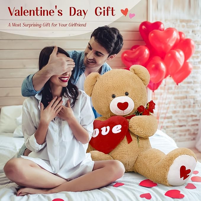 MorisMos Love Heart Giant Teddy Bear 4ft, 51inch Red Heart Large Bear for Girlfriend, Soft Valentine Stuffed Animals Plush Gift for Boyfriend Kids, Brown
