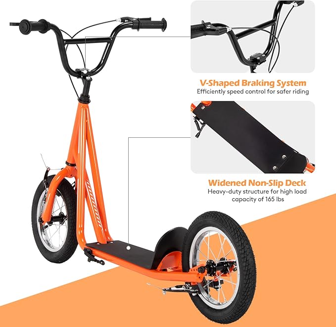 Goplus Youth Kick Scooter, Kids Kick Scooter W/ 12-Inch Air Filled Wheels, Carbon Steel Frame, Adjustable Handlebar, Front and Rear Dual Brakes, Ride On Toys for Adults Teens 8+