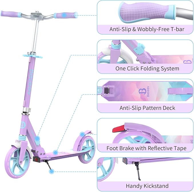 BELEEV V8 Scooters for Kids Ages 6+ with Light-Up Deck, 2 Wheel Folding Scooter for Adults Teens, 4 Adjustable Height, Lightweight Sport Commuter Scooter, Sturdy Frame, Max Load 220 lbs