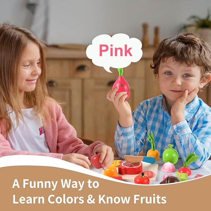 WHOHOLL Wooden Play Food Toys for Kids Kitchen Playset, Play Kitchen Accessories with Apron Pretend Cutting Food Montessori Toys for 3+ Year Old Girls and Boys