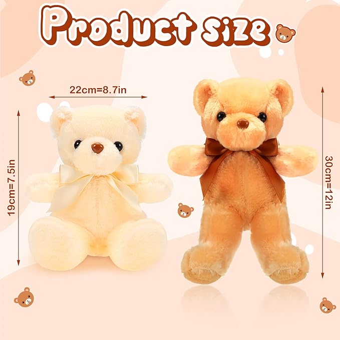 HyDren 6 Pcs Bear Stuffed Animal Plush Toys Soft Plush Dolls Bear Sleeping and Playing Toys for Baby Shower Decoration Boy(Short Plush,Dark Brown, Brown, Beige)